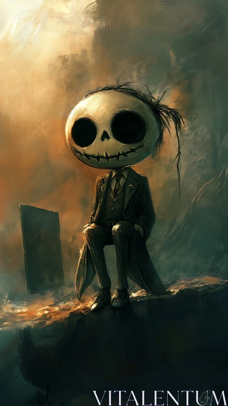 Skeleton-headed figure in suit on ledge in eerie light.