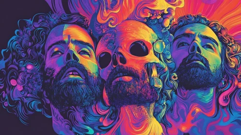 Psychedelic trinity portrait with spectral skull and fluid vectors.