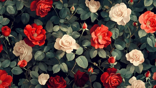 Dense Rose Garden Composition with Red and Cream Blooms