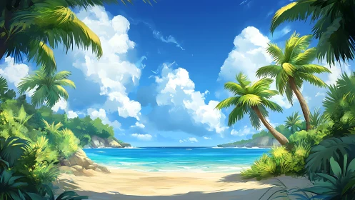 Tropical Island Beach Paradise with Palm Trees.