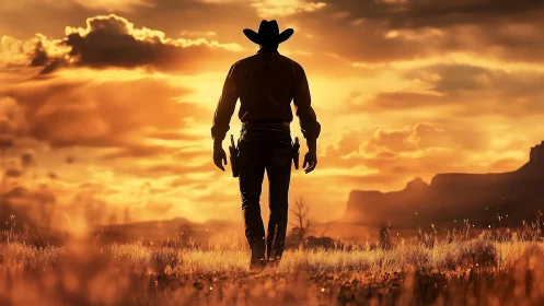 Silhouetted cowboy stands in back view against sunset sky
