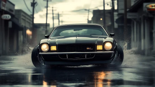 Muscle car slashes through rain-soaked streets at dusk