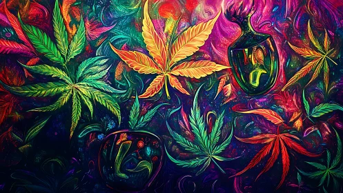 Digital composition displays stylized cannabis leaves and glass forms