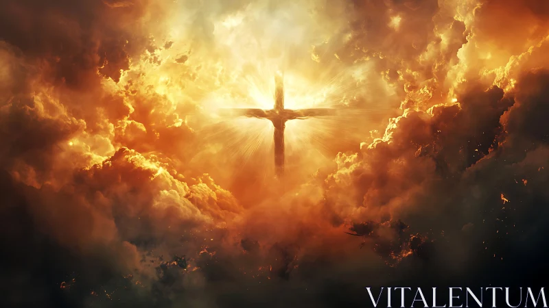 Radiant cross emerges through blazing golden storm clouds
