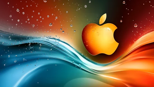 Glowing golden apple emblem floats amid liquid color waves