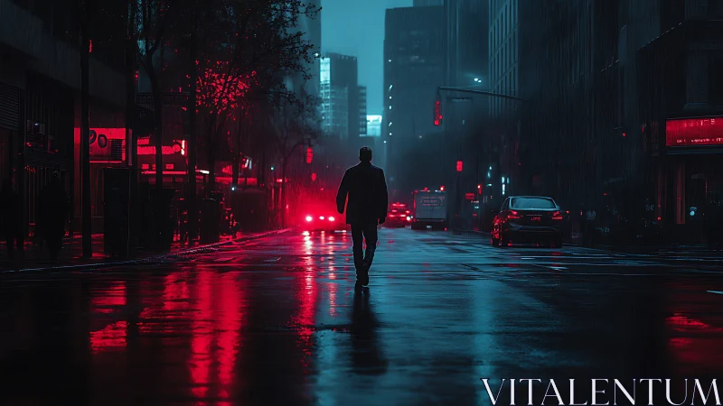 Solitary pedestrian walks through wet neon-lit city street
