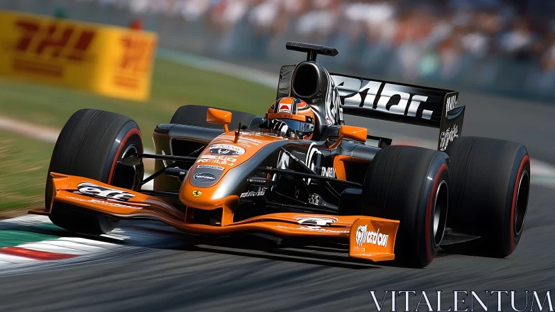 Orange Formula 1 race car attacking fast chicane at speed.
