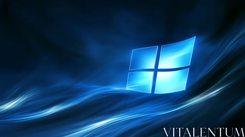 Glowing window logo over flowing electric blue waves.