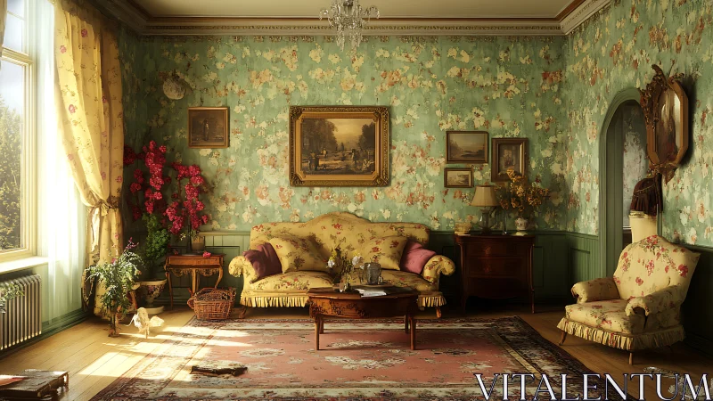 Sunlit vintage parlor showcases ornate floral decor, patina.