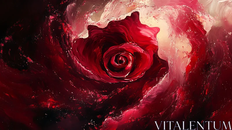 Red rose swirling in abstract red and white paint vortex.