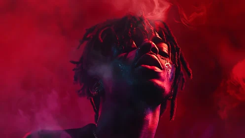 Portrait subject lit by red and blue gels in dense smoke