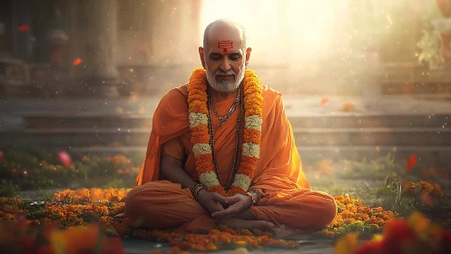 Meditating Hindu monk in marigolds under radiant sunrise light.