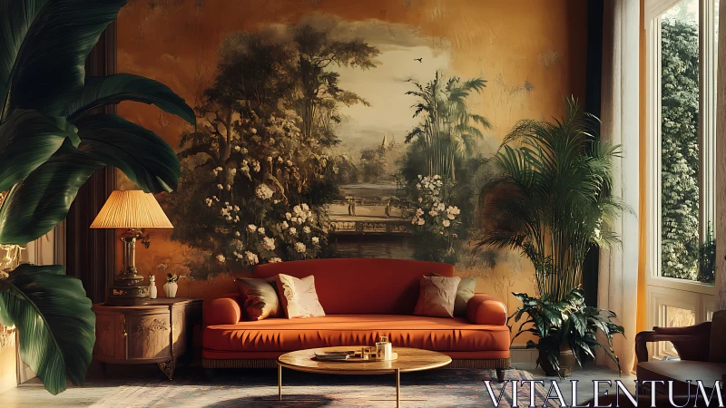 Warm botanical living room merges artful mural with sunlight