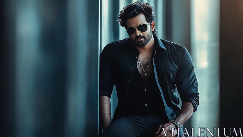 Low key portrait of man in black shirt with shallow depth of field