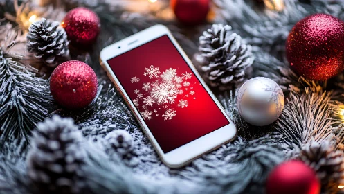 Smartphone with snowflake graphic in festive Christmas setting.