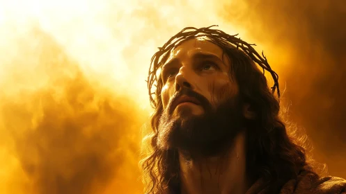 Contemplative figure in golden light with crown of thorns.