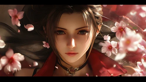 Digital heroine portrait framed by drifting cherry petals.