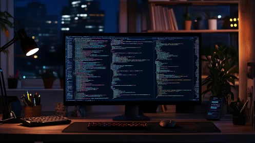 Ultra-wide monitor with colorful code in night home office