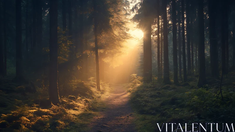 Sunlit forest path with morning mist and warm golden rays.