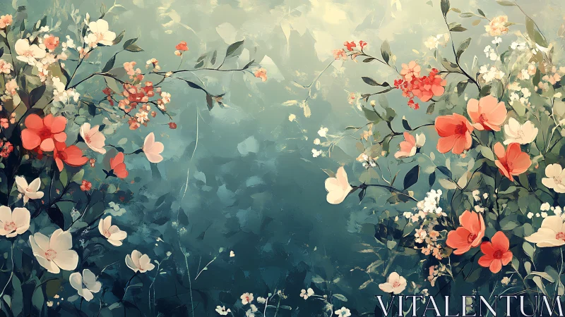 Floral composition with layered flora against teal atmospheric background.