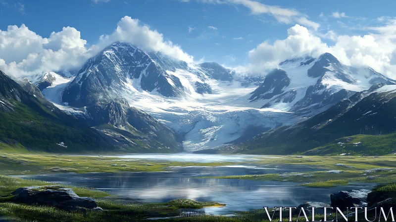 Snow-covered mountain range above reflective valley lake.