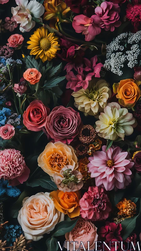 Dense Floral Arrangement with Multiple Bloom Varieties