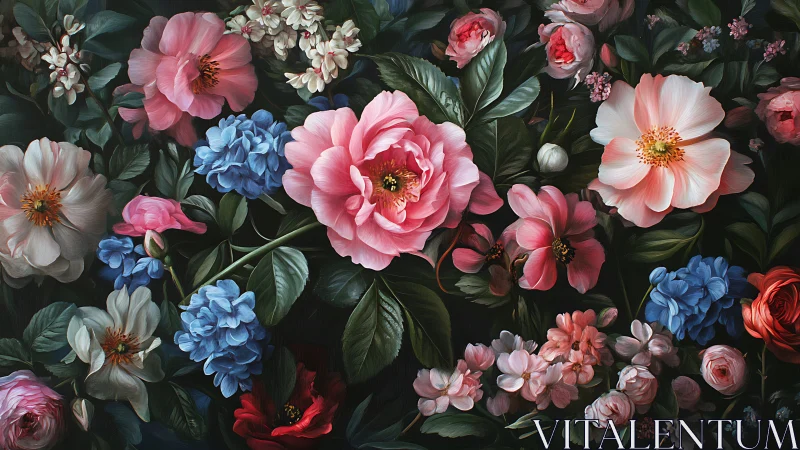 Lush Floral Garden with Pink Peonies and Blue Hydrangeas.