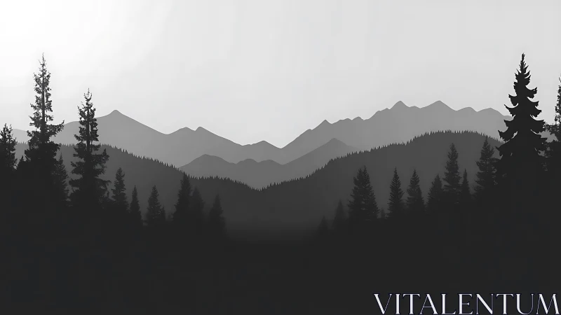 Layered pine forest silhouettes against misty mountains.