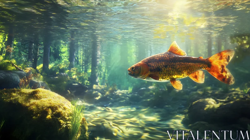Golden fish gliding through clear sunlit forest stream.