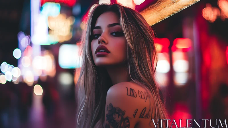Tattooed woman glows under neon city lights at night.