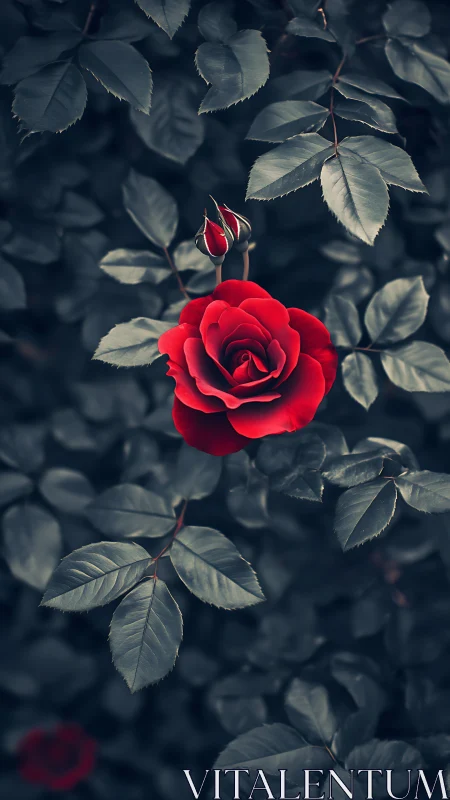 Red rose bloom centered against desaturated green foliage