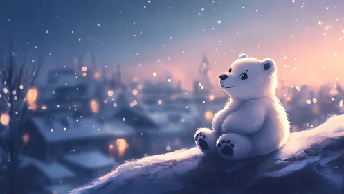 Snowy rooftop daydream lets a tiny polar cub watch city lights