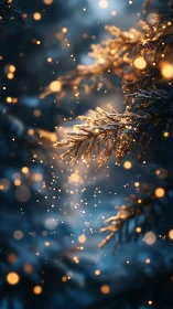 Conifer branches with glowing particles in cool twilight.