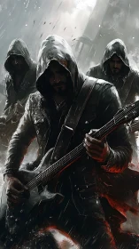 Hooded guitarist leads stormlit rock trio in driving rain