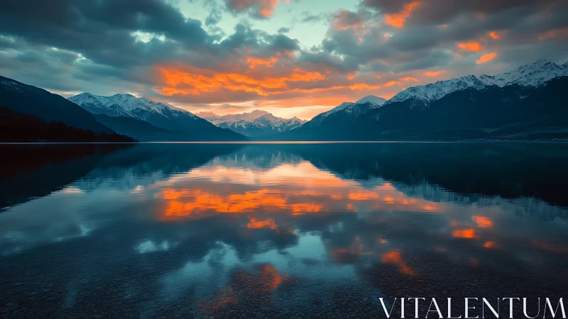 Snowy mountain lake at sunset with vivid sky reflection.