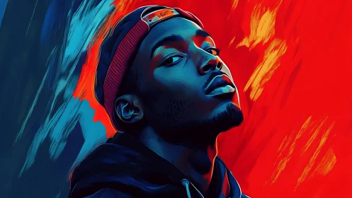 Stylized digital portrait of man in cap on dual color field.