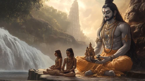 Meditating sage with disciples by waterfall in landscape.