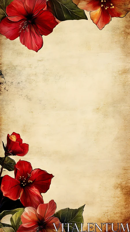 Vintage floral border with red hibiscus on aged paper background.