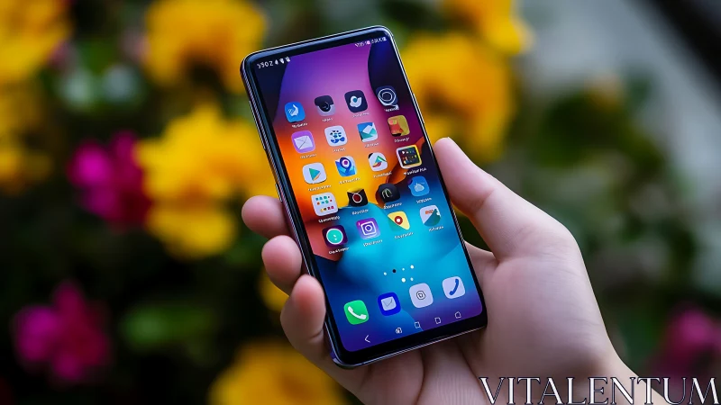 Smartphone displaying vibrant app interface outdoors.