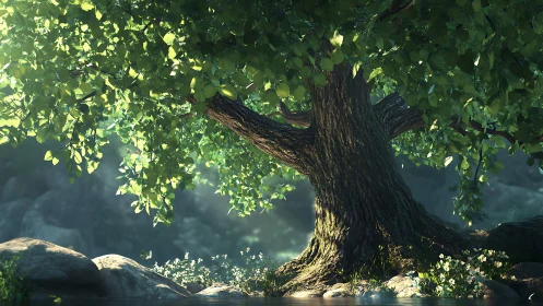 Sunlit forest tree rendered with high-detail 3D foliage shading