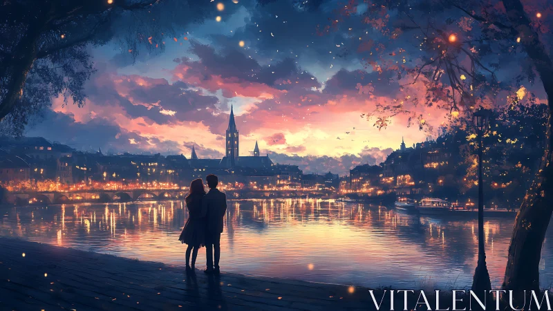 Couple's Romantic Twilight Moment Over Illuminated Medieval City