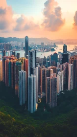 Vertical city skyline rises above bay at vivid sunset.