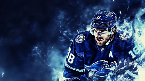 Intense ice hockey player in blue jersey amid icy energy.
