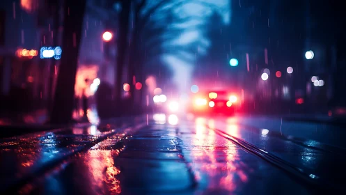 Neon rain-soaked avenue with bokeh-lit urban depth of field.