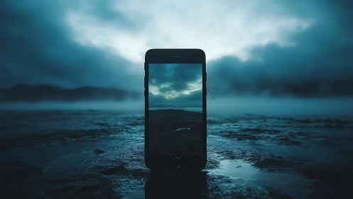Smartphone centered on wet shoreline under low blue clouds