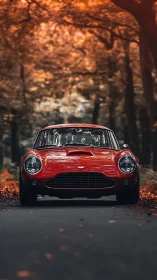 Classic red sports car gleams against a moody autumn forest