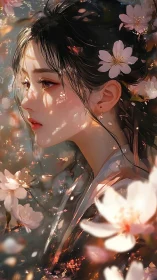 Spring blossom portrait of serene woman in soft light.