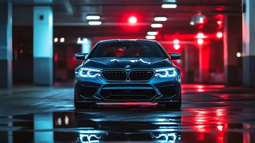High-performance sedan under neon lighting with reflective wet floor
