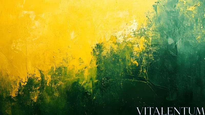 Abstract yellow and green textured painting with bold brushstrokes.