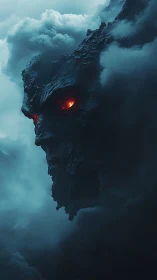 Storm-forged mountain titan with burning ember eyes brooding.